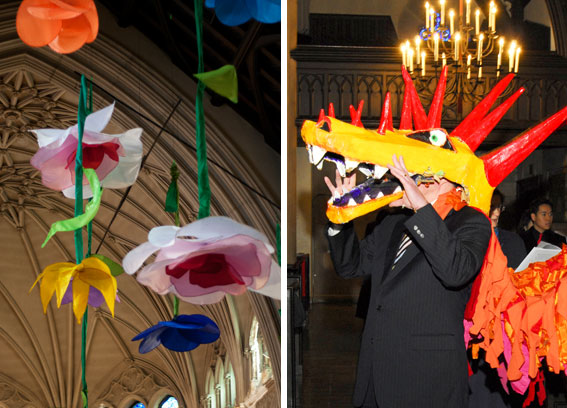 A photo of a large flower mobile hanaging fromt he ceiling of the nave and a photo of an Emmanuelite dressed in a dragon puppet