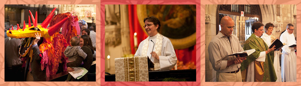 An image of a dragon puppet in the procession, The Rev. Palmela L Werntz preaching, and Ryan Turner, Emmanuel's Music Director, singing