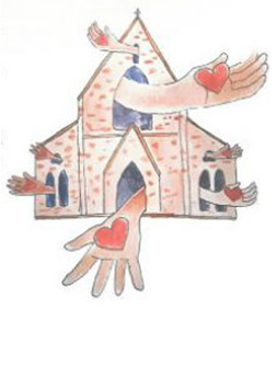 drawing of church with hands and hearts