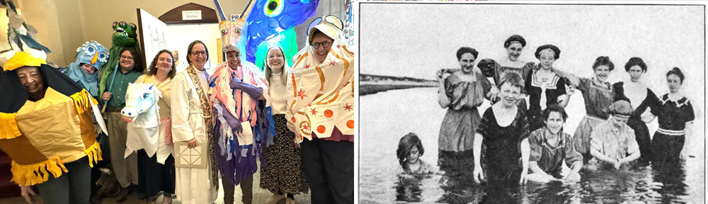 Collage of historic photo of people at the beach with a modern day photo of people in puppet costumes
